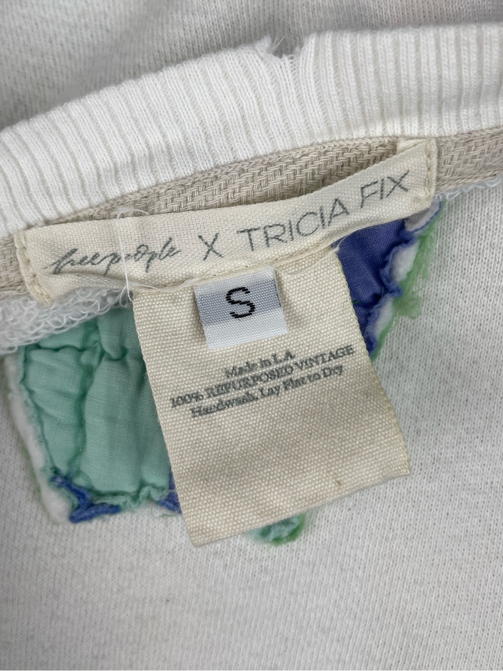 Free People x Tricia Fix Camden Patchwork Quilted Love Ivory Sweatshirt Size S - Picture 4 of 12